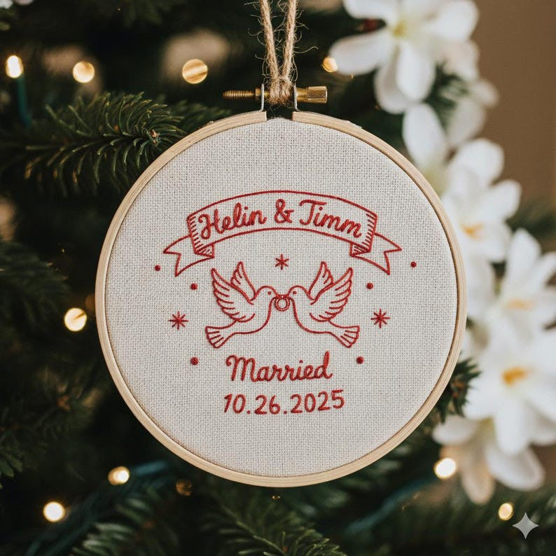 Personalized Our First Christmas Married Ornament, Custom Name Christmas Ornament Couple, Hand Embroidered Ornament, 2025 Holiday Tree Decor