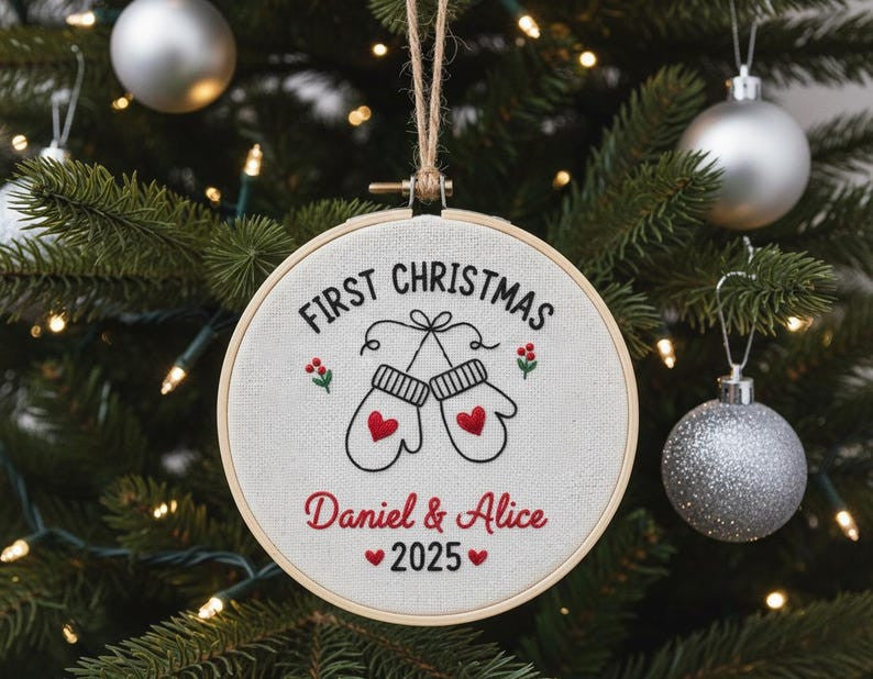 Personalized Newlywed Hand Embroidered Christmas Ornament, Custom Wedding Christmas Ornament, 1st Christmas Ornament, 2025 Couple Tree Decor