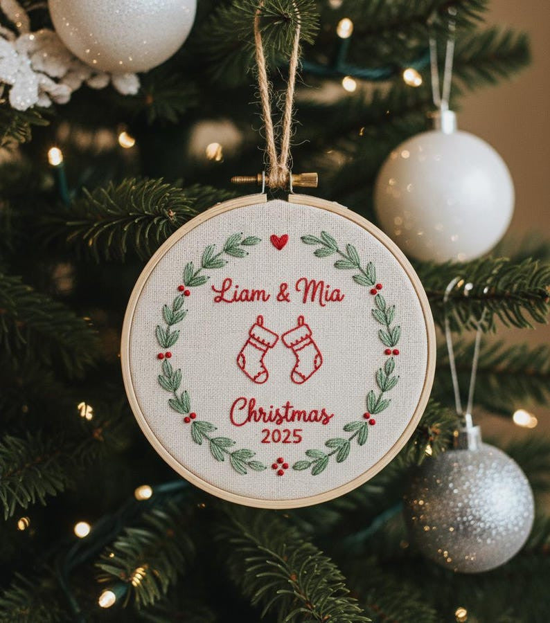 Personalized Newlywed Hand Embroidered Christmas Ornament, Custom Wedding Christmas Ornament, 1st Christmas Ornament, 2025 Couple Tree Decor