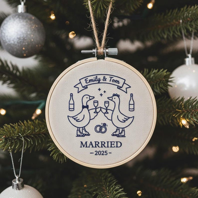 Personalized Couple Goose Hand Embroidered Christmas Ornament, Custom Wedding Ornament, 1st Christmas Ornament, 2025 Couple Tree Decor