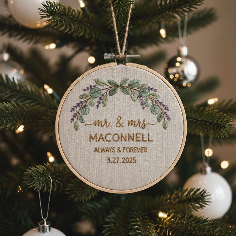 Personalized Mr & Mrs Ornament with Lily of The Valley Embroidery, Married Christmas Ornament, 2025 Couple Ornament, 1st Christmas
