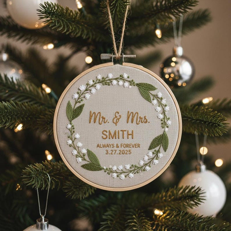 Personalized Mr & Mrs Ornament with Lily of The Valley Embroidery, Married Christmas Ornament, 2025 Couple Ornament, 1st Christmas