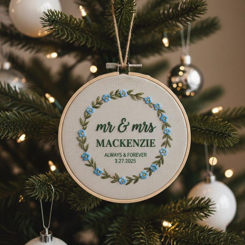 Personalized Mr & Mrs Ornament with Lily of The Valley Embroidery, Married Christmas Ornament, 2025 Couple Ornament, 1st Christmas