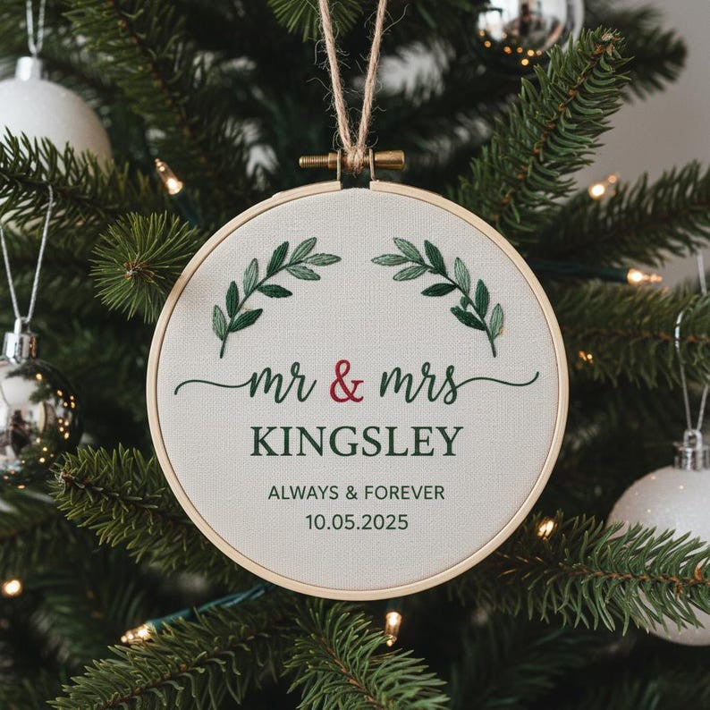 Personalized Mr & Mrs Ornament with Lily of The Valley Embroidery, Married Christmas Ornament, 2025 Couple Ornament, 1st Christmas
