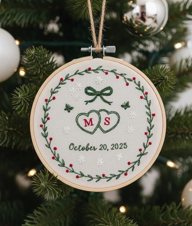 Custom Name Christmas Ornament Couple, Personalized Hand Embroidered Ornament, 2025 Holiday Tree Decor, Our First Christmas Married Ornament