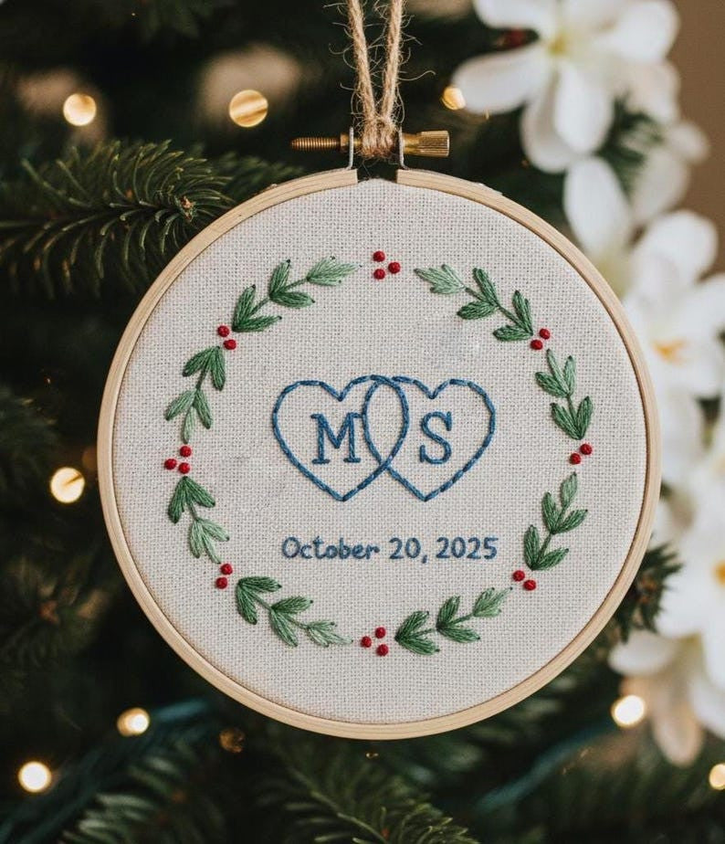 Custom Name Christmas Ornament Couple, Personalized Hand Embroidered Ornament, 2025 Holiday Tree Decor, Our First Christmas Married Ornament