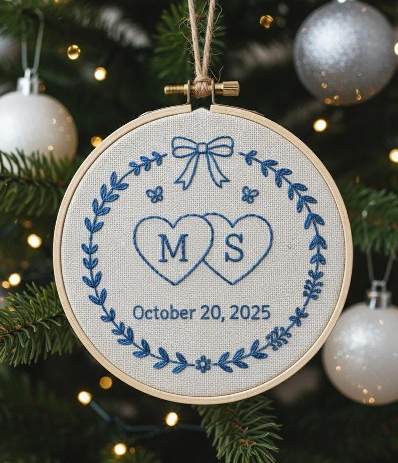 Custom Name Christmas Ornament Couple, Personalized Hand Embroidered Ornament, 2025 Holiday Tree Decor, Our First Christmas Married Ornament