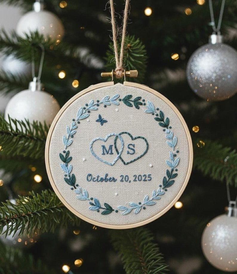 Personalized First Christmas Ornament Couple, Custom Name Hand Embroidered Ornament, Handmade Holiday Tree Decor, 2025 Unique Christmas Gift