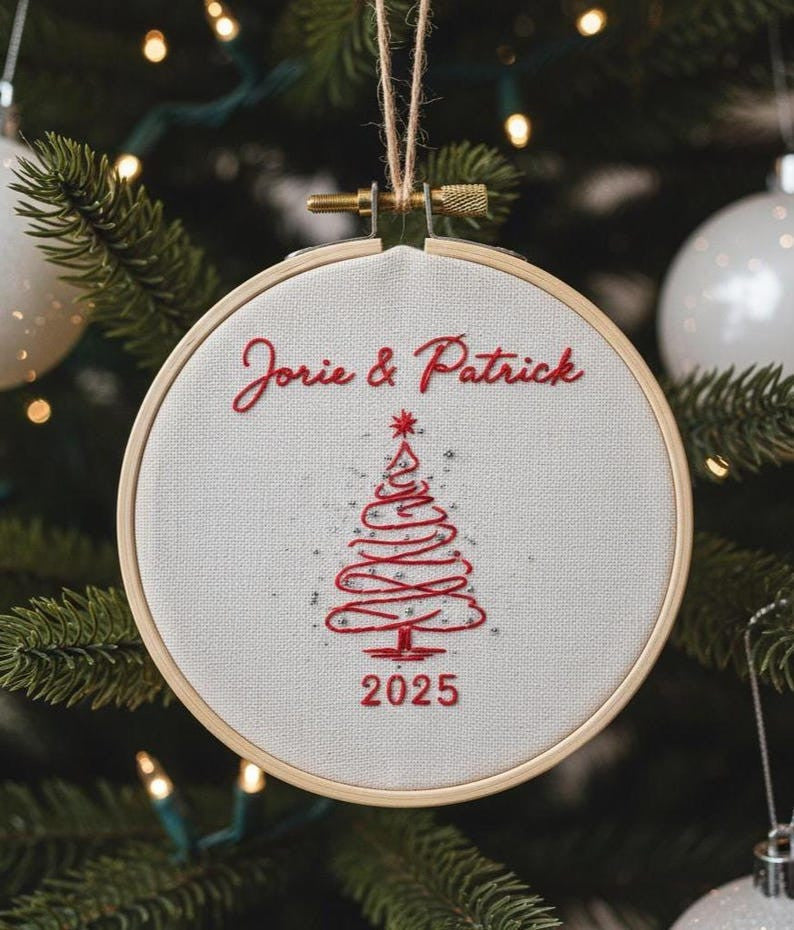 Personalized Our First Christmas Ornament, Custom Name Hand Embroidered Ornament, Handmade Holiday Tree Decor, Couple Keepsake Gift