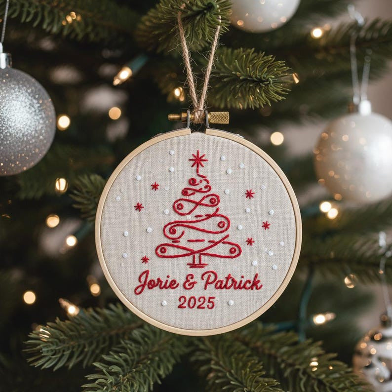 Personalized Our First Christmas Ornament, Custom Name Hand Embroidered Ornament, Handmade Holiday Tree Decor, Couple Keepsake Gift