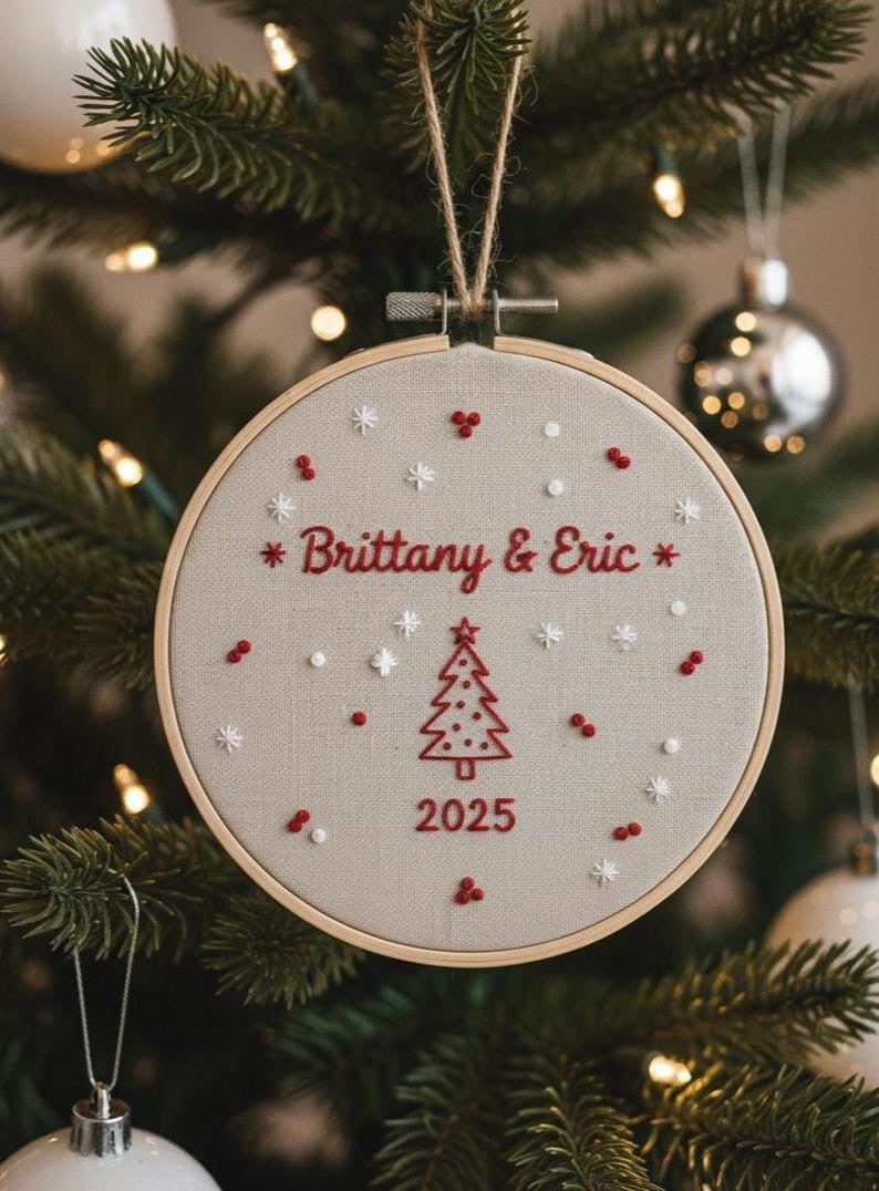 Personalized New Couple 2025 Christmas Ornament, Custom Name Hand Embroidered Ornament, Handmade Holiday Tree Decor, Couple Keepsake