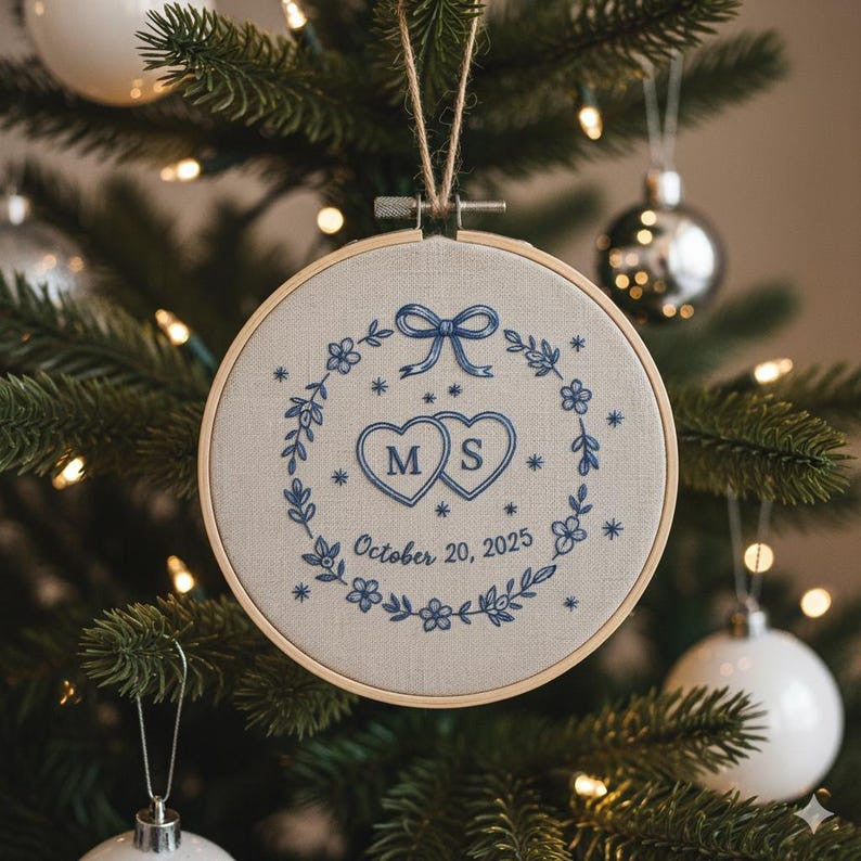 Personalized Christmas Ornament Couple, Custom Name Hand Embroidered Ornament, 2025 Holiday Tree Decor, Our First Christmas Married Ornament