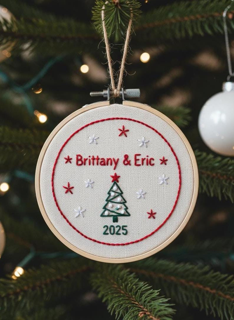 Personalized Couple First Christmas Ornament, Custom Name Hand Embroidered Ornament, Handmade Holiday Tree Decor, Unique Christmas Gift
