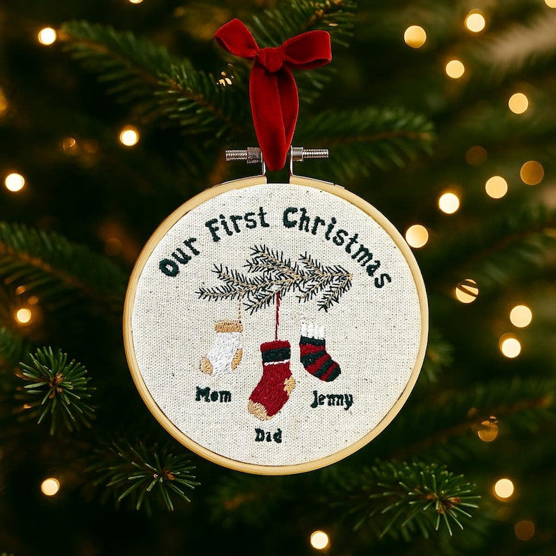 First Christmas Ornament, Embroidered New Baby Gift Family of Three Embroidered Ornament Keepsake Personalized Baby 1st Christmas