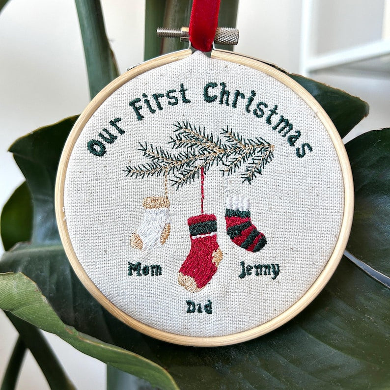 First Christmas Ornament, Embroidered New Baby Gift Family of Three Embroidered Ornament Keepsake Personalized Baby 1st Christmas