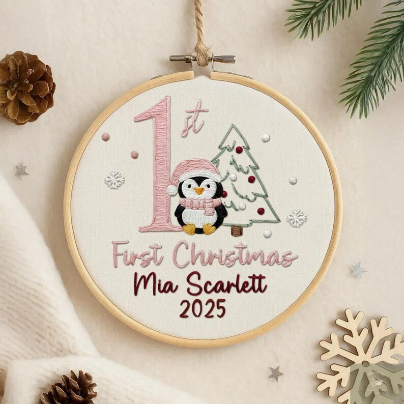 Personalized Baby’s Bear First Christmas Embroidery Hoop Ornament, Personalized Embroidered Keepsake, Custom Name Hoop, Newborn Xmas Gift