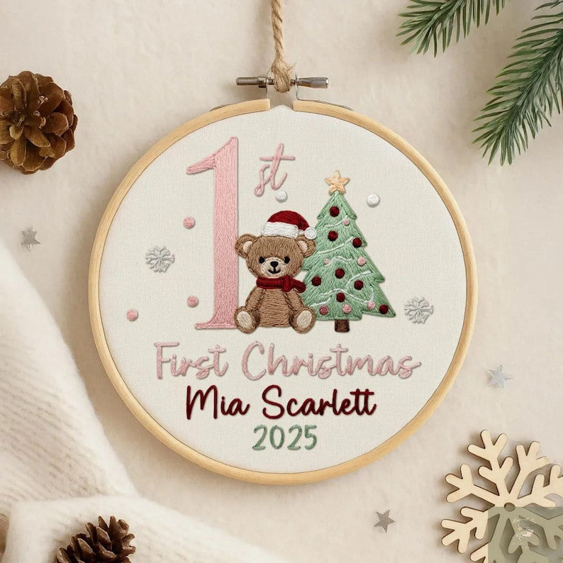 Personalized Baby’s Bear First Christmas Embroidery Hoop Ornament, Personalized Embroidered Keepsake, Custom Name Hoop, Newborn Xmas Gift
