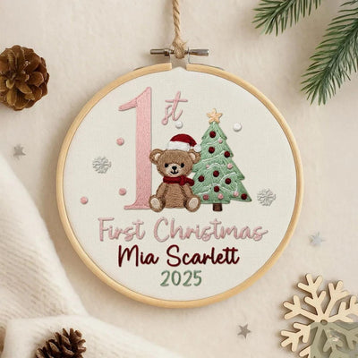 Personalized Baby’s Bear First Christmas Embroidery Hoop Ornament, Personalized Embroidered Keepsake, Custom Name Hoop, Newborn Xmas Gift