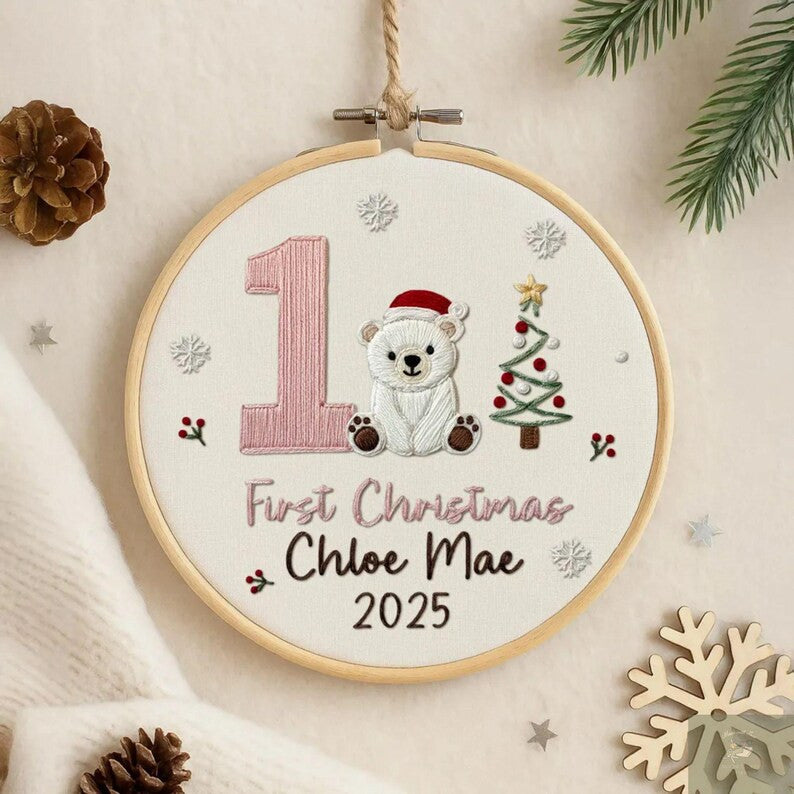 Personalized Baby’s Bear First Christmas Embroidery Hoop Ornament, Personalized Embroidered Keepsake, Custom Name Hoop, Newborn Xmas Gift