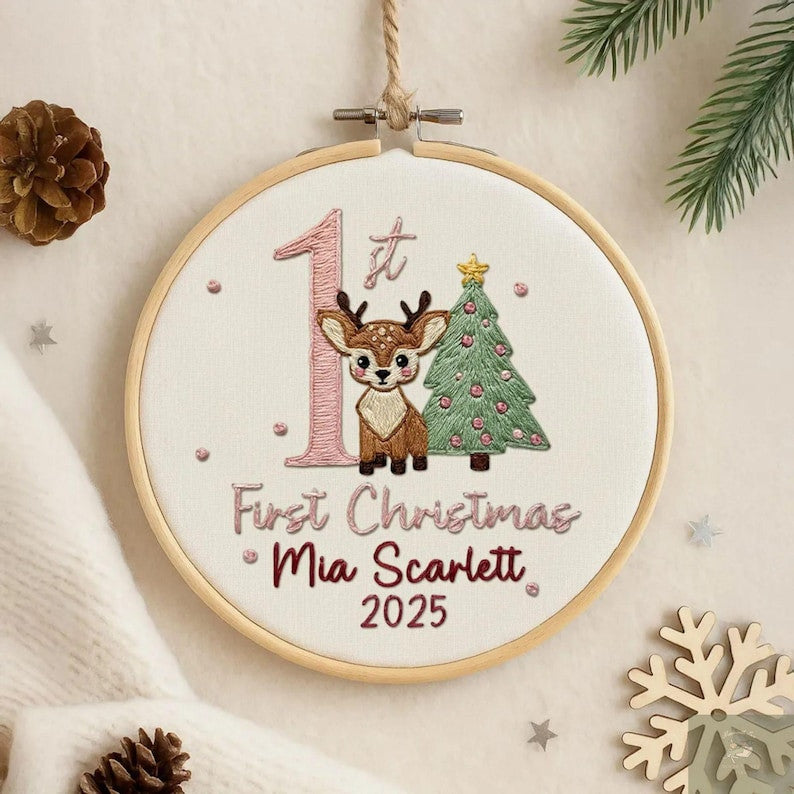 Personalized Baby’s Bear First Christmas Embroidery Hoop Ornament, Personalized Embroidered Keepsake, Custom Name Hoop, Newborn Xmas Gift