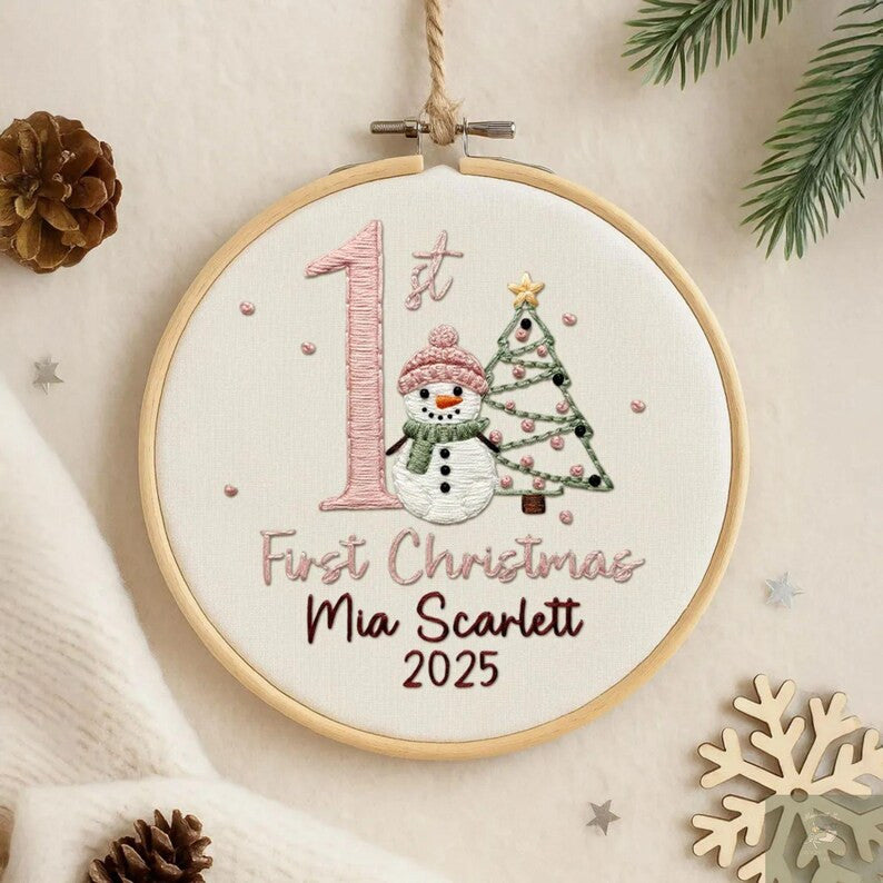 Personalized Baby’s Bear First Christmas Embroidery Hoop Ornament, Personalized Embroidered Keepsake, Custom Name Hoop, Newborn Xmas Gift