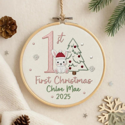 Personalized Baby’s Bear First Christmas Embroidery Hoop Ornament, Personalized Embroidered Keepsake, Custom Name Hoop, Newborn Xmas Gift