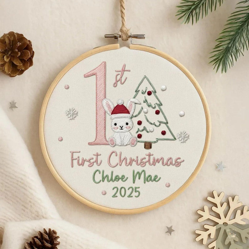 Personalized Baby’s Bear First Christmas Embroidery Hoop Ornament, Personalized Embroidered Keepsake, Custom Name Hoop, Newborn Xmas Gift