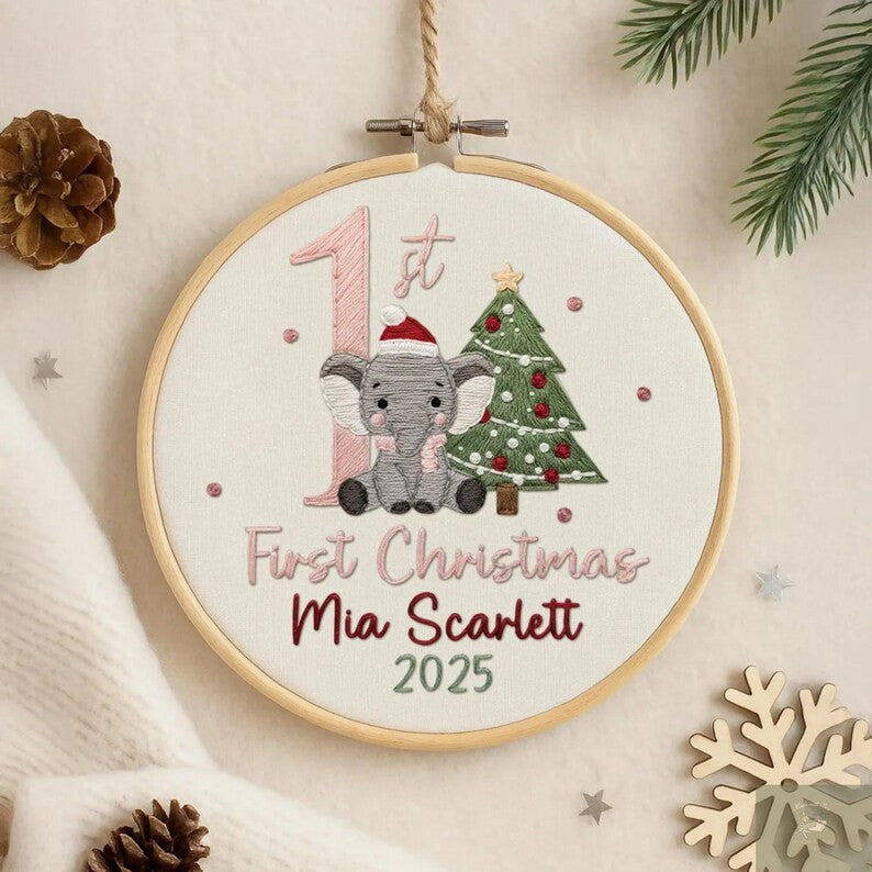 Personalized Baby’s Bear First Christmas Embroidery Hoop Ornament, Personalized Embroidered Keepsake, Custom Name Hoop, Newborn Xmas Gift
