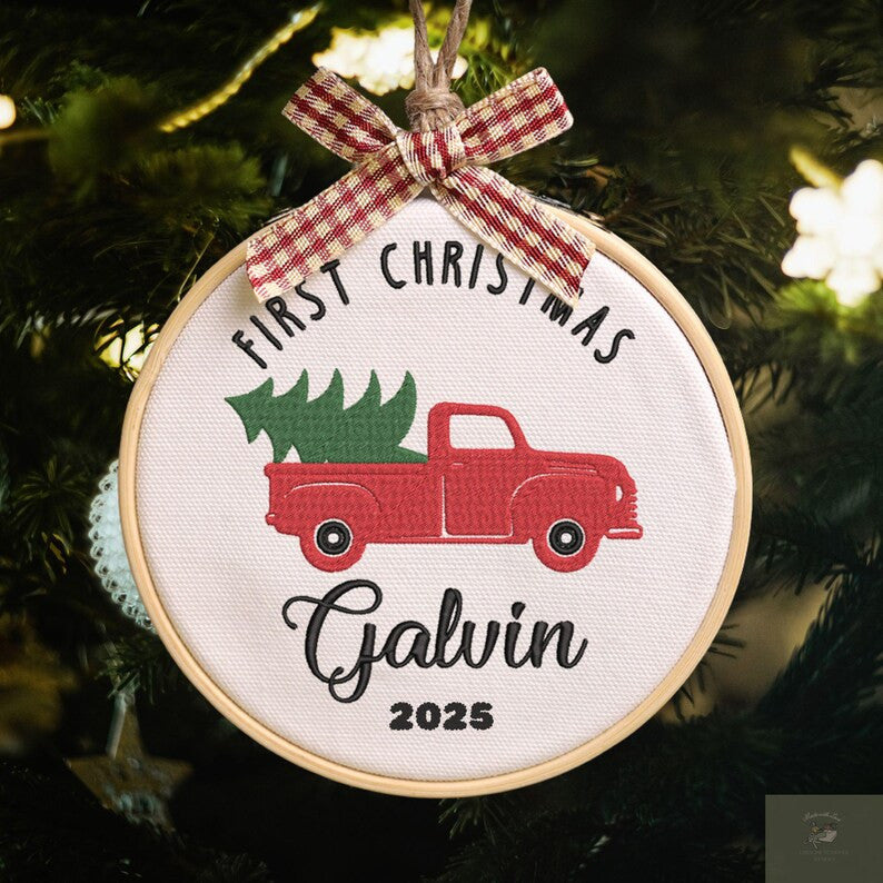 Personalized Baby's First Christmas Car Hand Embroidered Ornament, Handmade Holiday Decor, 2025 Gift for New Baby,Custom Christmas Gift