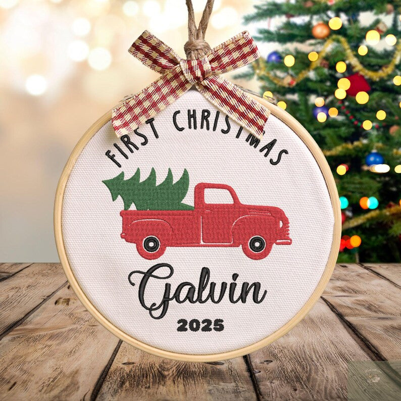 Personalized Baby's First Christmas Car Hand Embroidered Ornament, Handmade Holiday Decor, 2025 Gift for New Baby,Custom Christmas Gift