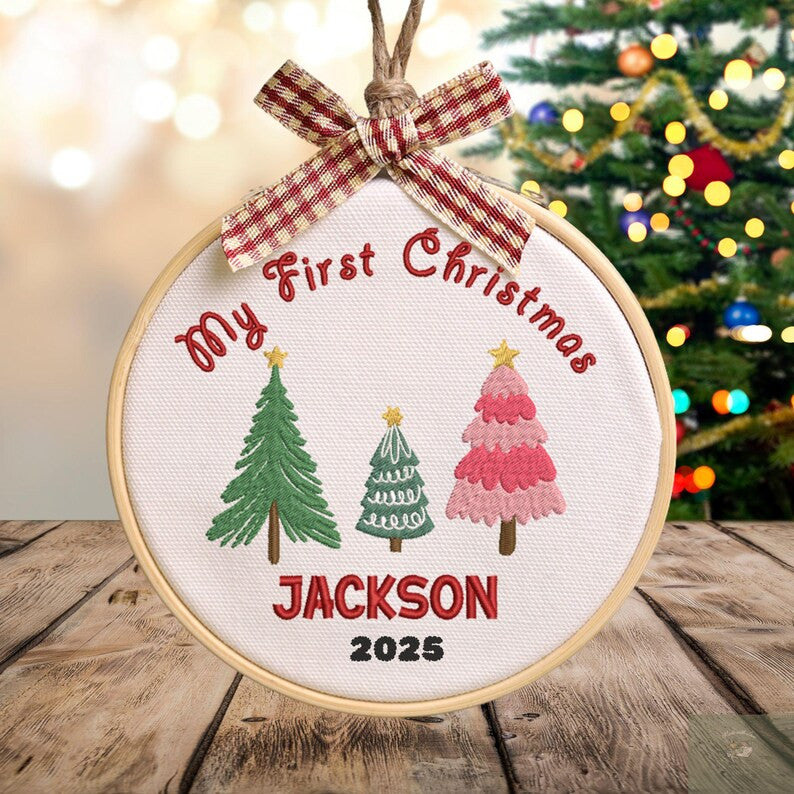 Baby's First Christmas Hand Embroidered Ornament, Handmade Holiday Decor, Personalized Unique Gift for New Baby, Custom Christmas Gift