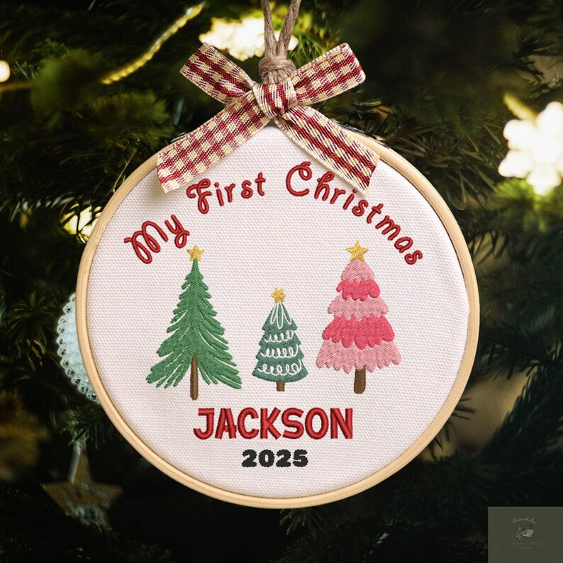 Baby's First Christmas Hand Embroidered Ornament, Handmade Holiday Decor, Personalized Unique Gift for New Baby, Custom Christmas Gift