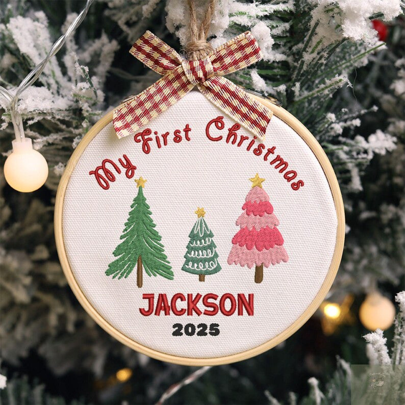 Baby's First Christmas Hand Embroidered Ornament, Handmade Holiday Decor, Personalized Unique Gift for New Baby, Custom Christmas Gift