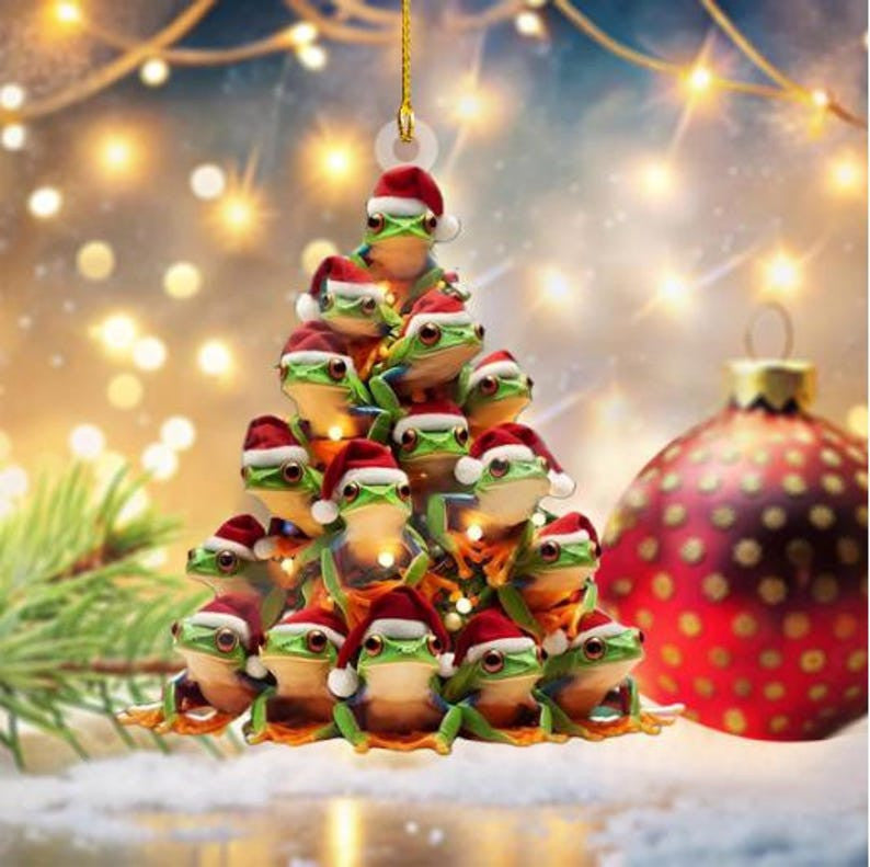 Cute Frog Ornament for Christmas Tree – Acrylic Holiday Decor with Santa Hat Frogs, Funny Xmas Gift for Frog Lovers, Family, Friends
