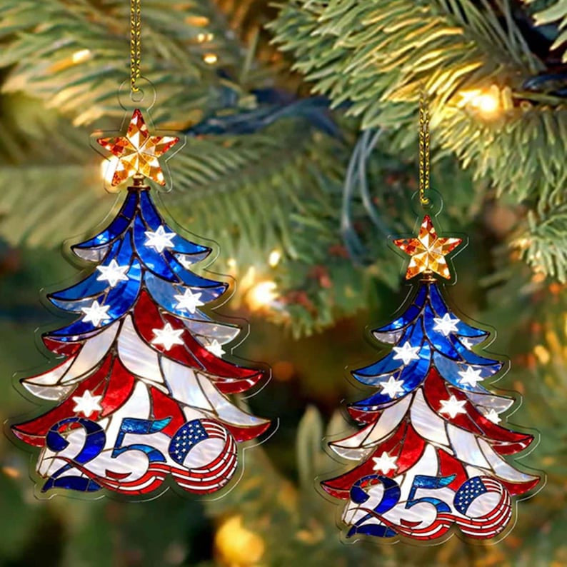 250 Years of America Patriotic Christmas Tree Ornament, Patriotic, Independence Day Gift, Acrylic 2D Ornament