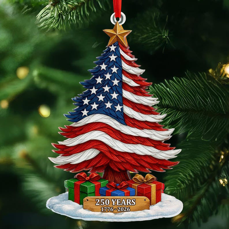 Patriotic Christmas Tree Ornament 2026, American Flag Christmas Decoration, 250 Years USA Celebration Keepsake, Gift for Veterans & Patriots