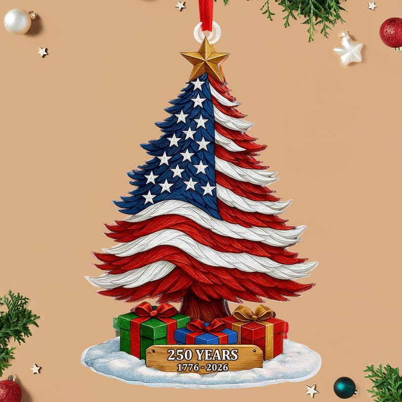 Patriotic Christmas Tree Ornament 2026, American Flag Christmas Decoration, 250 Years USA Celebration Keepsake, Gift for Veterans & Patriots