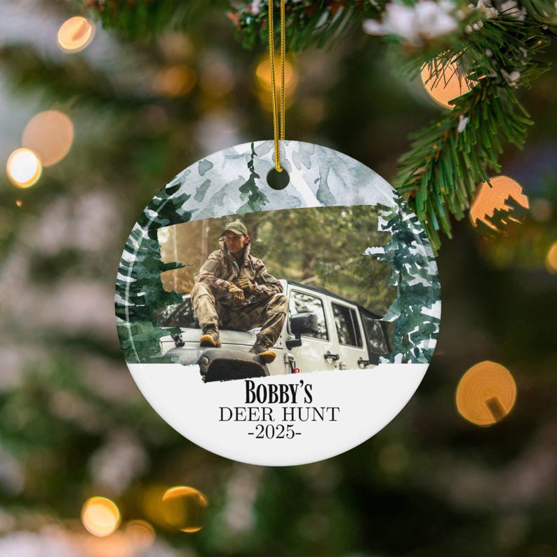 Deer Hunting Photo Ornament, Hunting Friend Gifts, Christmas Tree Ornament, Personalized Christmas Ornament, Holiday Decor, Ceramic Ornament