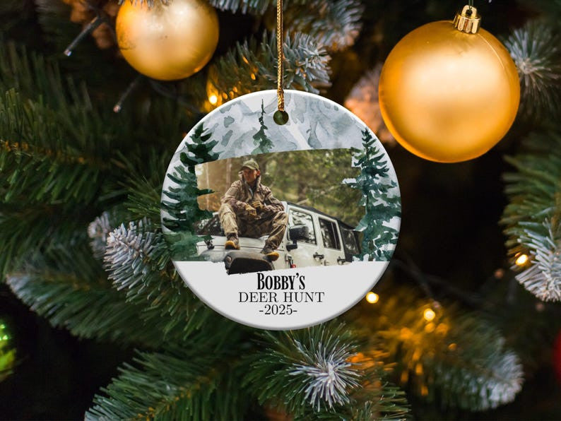 Deer Hunting Photo Ornament, Hunting Friend Gifts, Christmas Tree Ornament, Personalized Christmas Ornament, Holiday Decor, Ceramic Ornament
