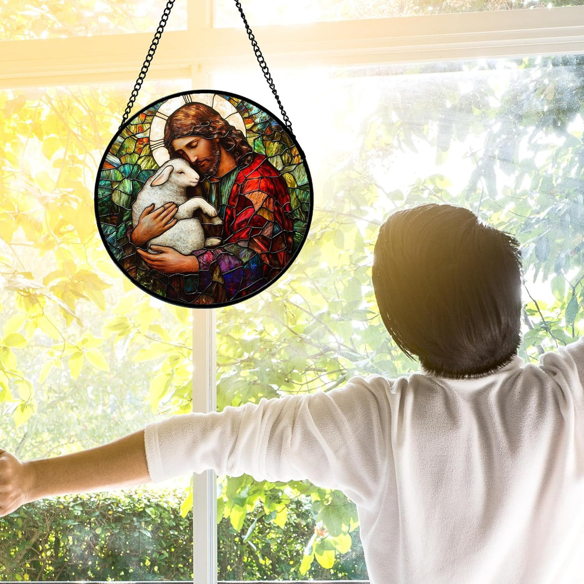 Jesus and Lamb Suncatcher – Round Hanging Christian Window Decor, Inspirational Light-Catching Religious Artwork for Home & Gift Ideas