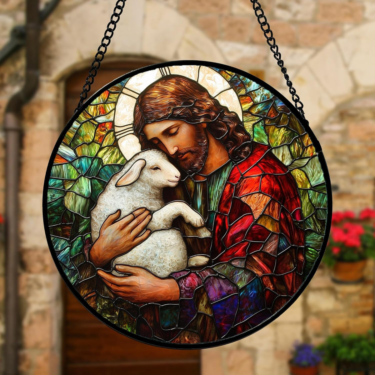Jesus and Lamb Suncatcher – Round Hanging Christian Window Decor, Inspirational Light-Catching Religious Artwork for Home & Gift Ideas