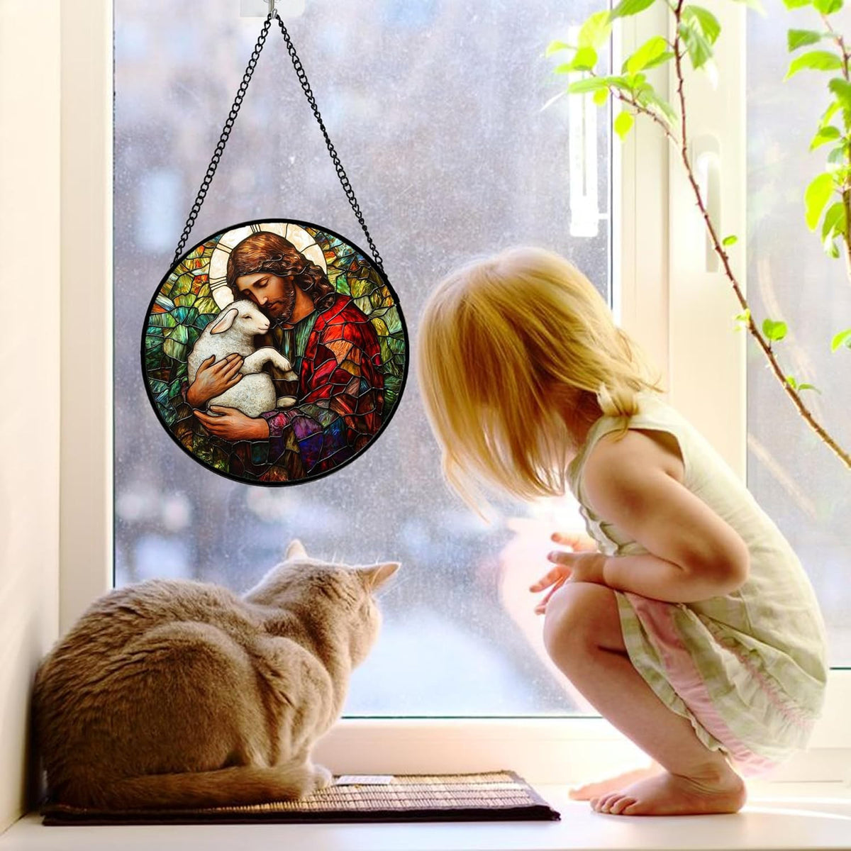 Jesus and Lamb Suncatcher – Round Hanging Christian Window Decor, Inspirational Light-Catching Religious Artwork for Home & Gift Ideas