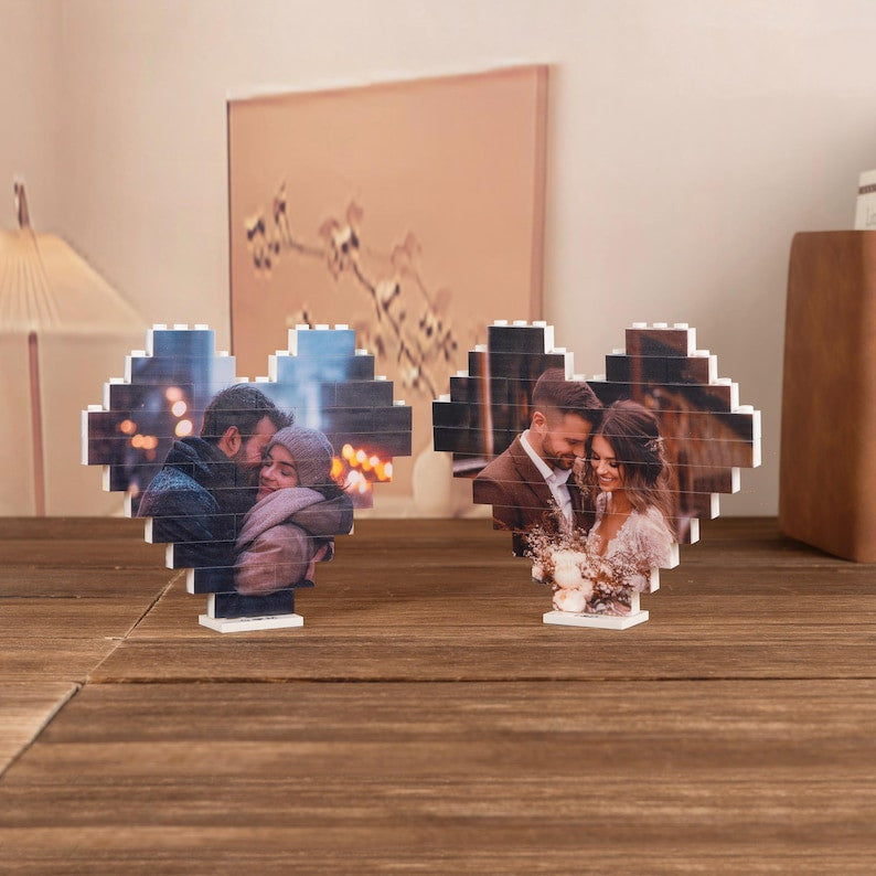 Custom Heart Photo Building Blocks, Personalized Picture Display, Romantic Couple Gift for Anniversary, Wedding, Valentine’s Day Decor