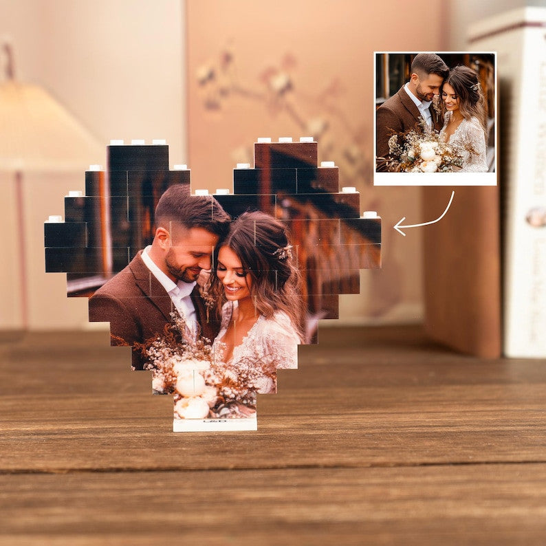 Custom Heart Photo Building Blocks, Personalized Picture Display, Romantic Couple Gift for Anniversary, Wedding, Valentine’s Day Decor