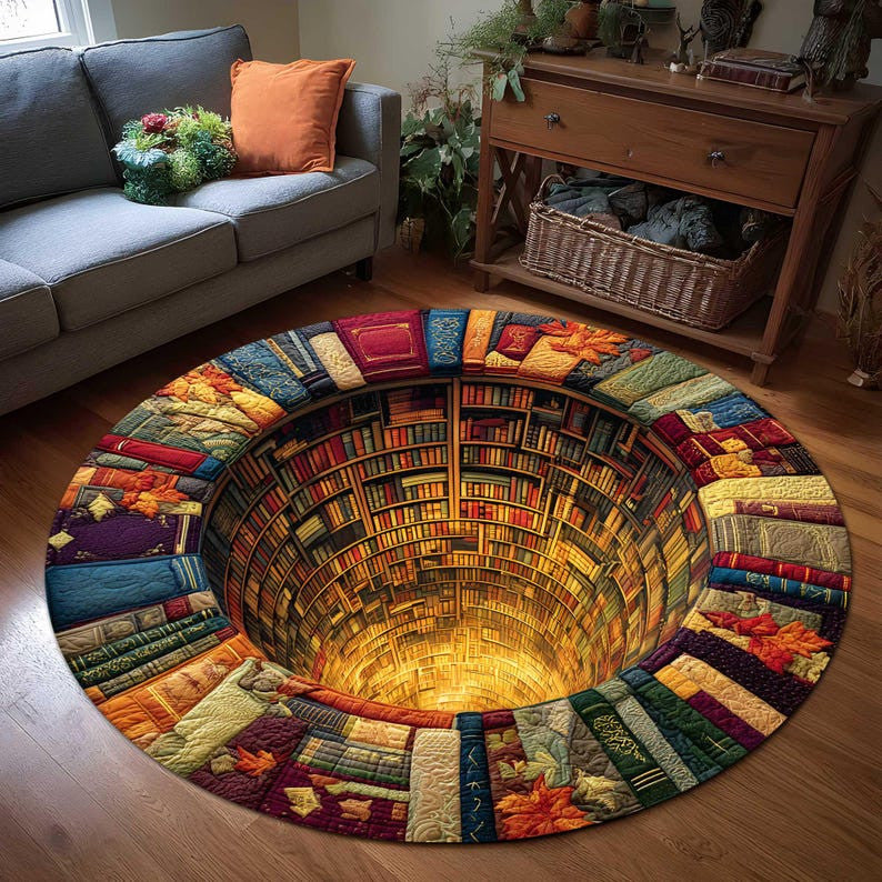 Library Books 3D Effect Round Rug Mat, Round Floor Mat for Living Room, Book Room Decor, Book Lover Home Decor, Reading Room Gift