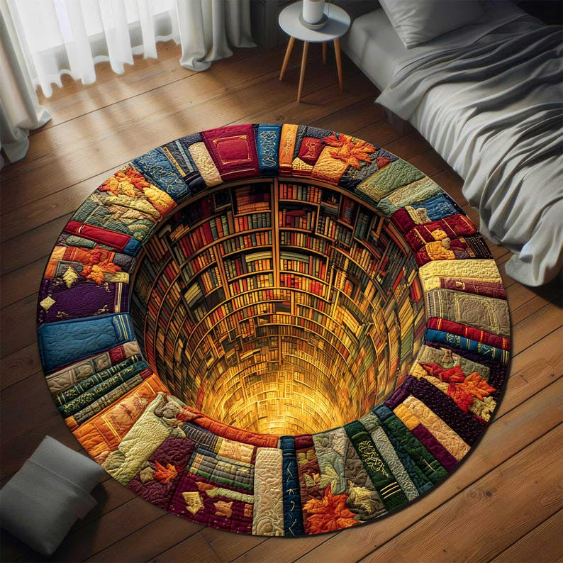 Library Books 3D Effect Round Rug Mat, Round Floor Mat for Living Room, Book Room Decor, Book Lover Home Decor, Reading Room Gift