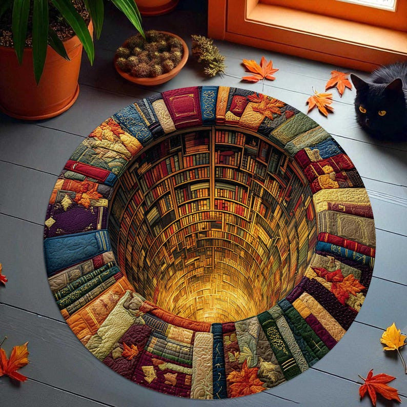 Library Books 3D Effect Round Rug Mat, Round Floor Mat for Living Room, Book Room Decor, Book Lover Home Decor, Reading Room Gift