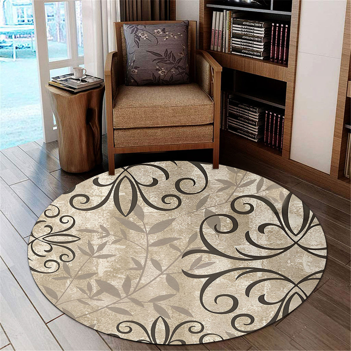 Vintage Floral Round Rug, Neutral Botanical Pattern Round Floor Mat, Elegant Home Decor Rug for Living Room Bedroom Office