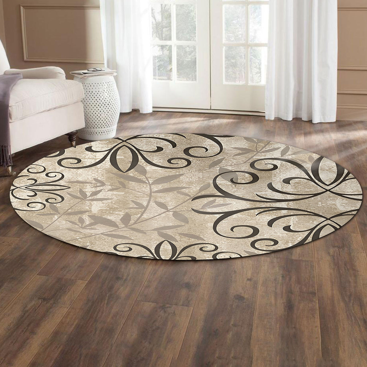 Vintage Floral Round Rug, Neutral Botanical Pattern Round Floor Mat, Elegant Home Decor Rug for Living Room Bedroom Office