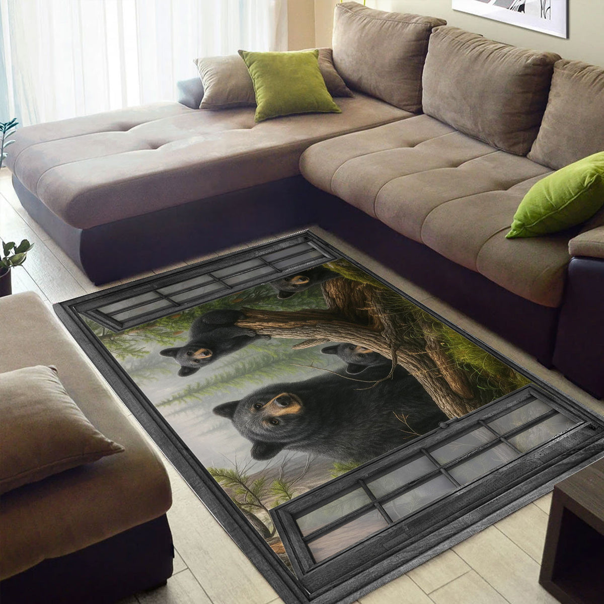 Bear Family Forest Area Rug, Black Bear Wildlife Floor Rug, Rustic Cabin Nature Home Decor for Living Room Bedroom